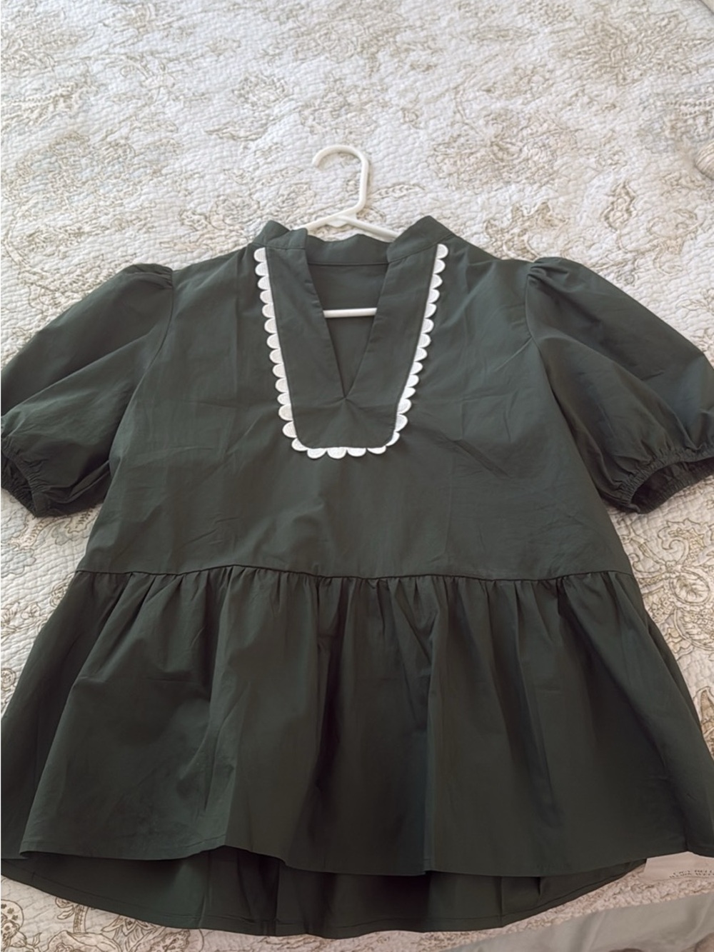 Girls' Forest Green Peplum Top with White Scallop Trim